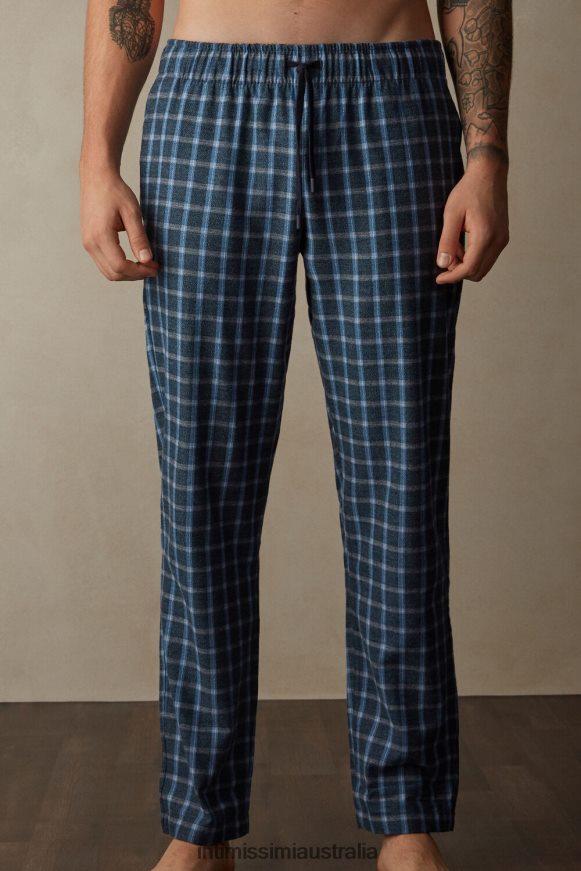 Intimissimi Men 089J-Blue Check Apparel 0RJT48199 Full-Length Check Pattern Brushed Plain-Weave Pants