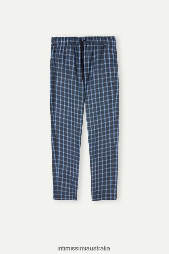 Intimissimi Men 089J-Blue Check Apparel 0RJT48199 Full-Length Check Pattern Brushed Plain-Weave Pants