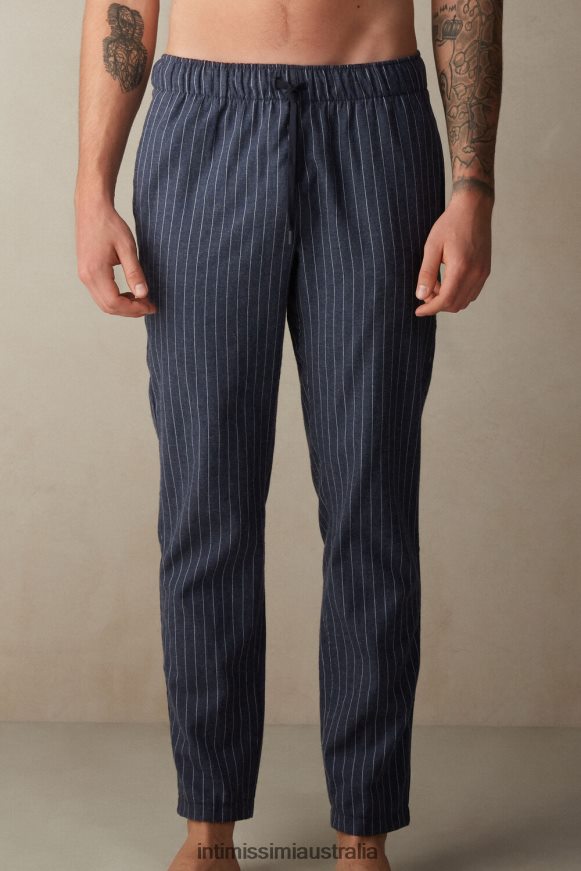 Intimissimi Men 091J-Pinstriped Denim Blue Melange Apparel 0RJT48198 Full-Length Denim Pinstripe Pattern Brushed Plain-Weave Pants