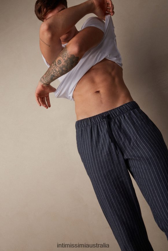 Intimissimi Men 091J-Pinstriped Denim Blue Melange Apparel 0RJT48198 Full-Length Denim Pinstripe Pattern Brushed Plain-Weave Pants