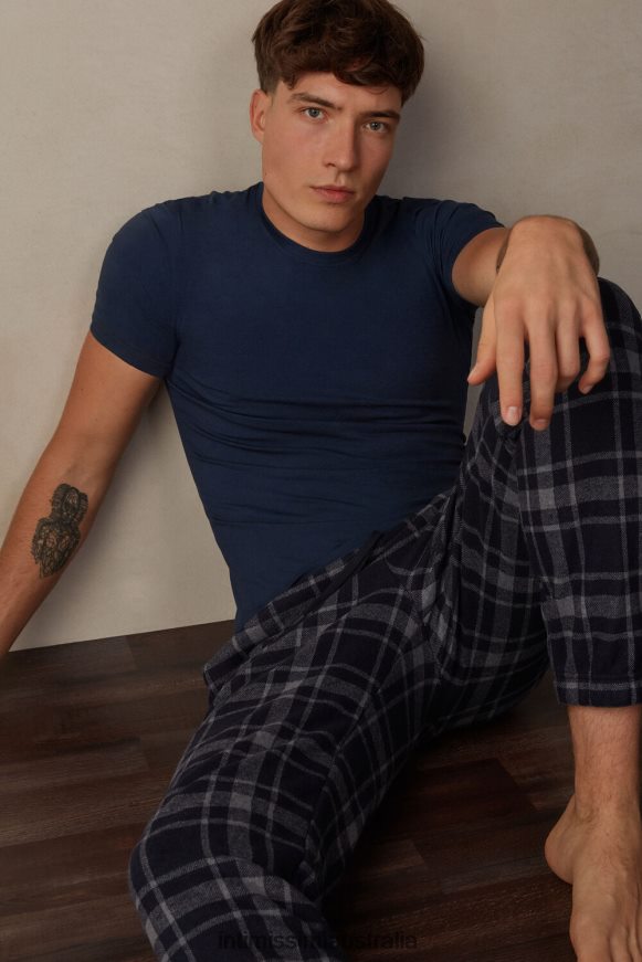 Intimissimi Men 097J-Charcoal Grey Melange/Midnight Blue Apparel 0RJT48200 Full-Length Check Tricot Trousers