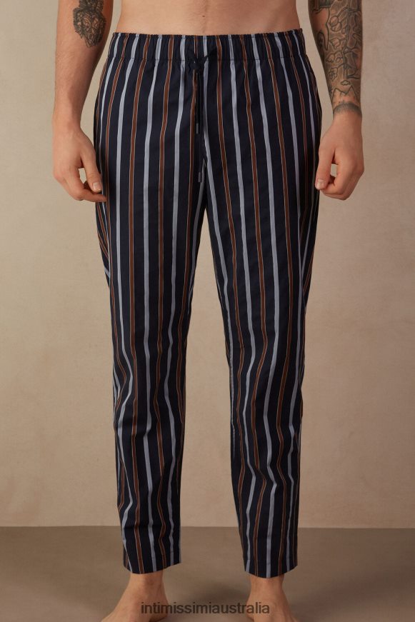 Intimissimi Men 167J-Blue Stripes Apparel 0RJT48194 Striped Plain-Weave Cotton Full-Length Trousers