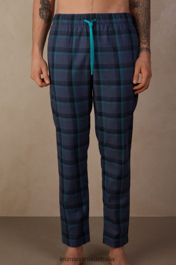 Intimissimi Men 168J-Denim Blue Melange/Aqua Green Check Print Apparel 0RJT48193 Checked Plain-Weave Cotton Full-Length Trousers