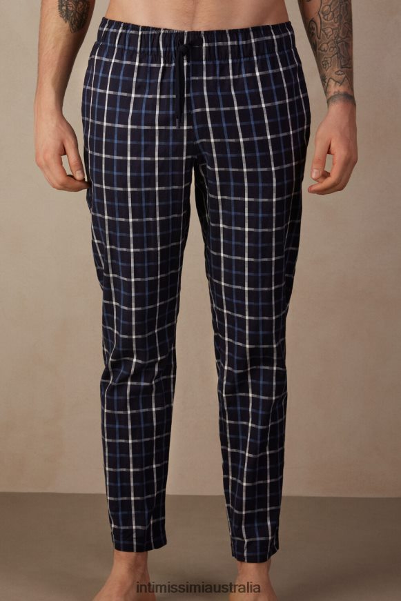 Intimissimi Men 169J-Blue Check Apparel 0RJT48196 Blue Check Pattern Cotton Canvas Full-Length Pants