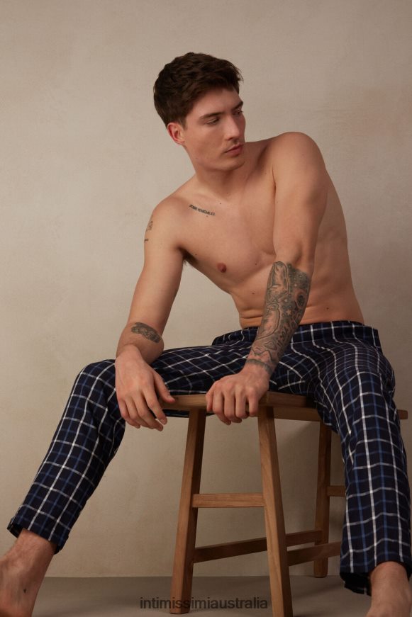 Intimissimi Men 169J-Blue Check Apparel 0RJT48196 Blue Check Pattern Cotton Canvas Full-Length Pants
