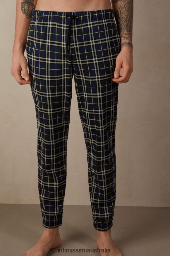Intimissimi Men 171J-Blue/Yellow Tartan Print Apparel 0RJT48195 Blue Tartan Pattern Cotton Full-Length Pants