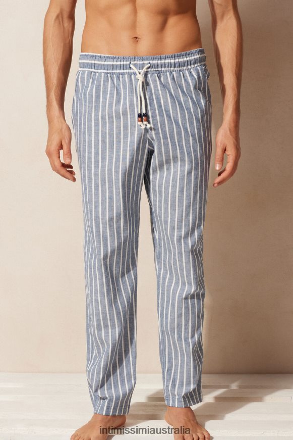 Intimissimi Men 292J-Denim Blue/White Linen Stripes Apparel 0RJT48164 Striped Linen and Cotton Trousers