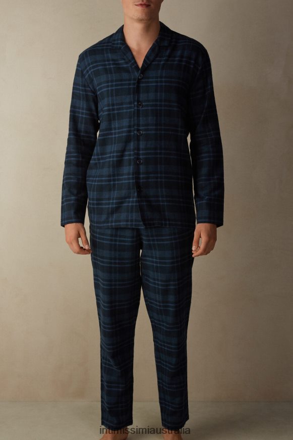 Intimissimi Men 102J-Denim Blue Check Print Apparel 0RJT48301 Full-Length Blue Checked Brushed Plain-Weave Cotton Pyjamas