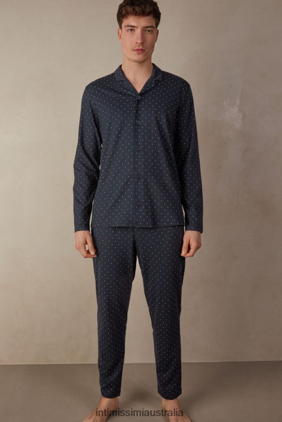 Intimissimi Men 172J-Polka Dot-Print Midnight Blue Apparel 0RJT48299 Cotton Open Full-Length Pyjamas with Polka-Dot Print