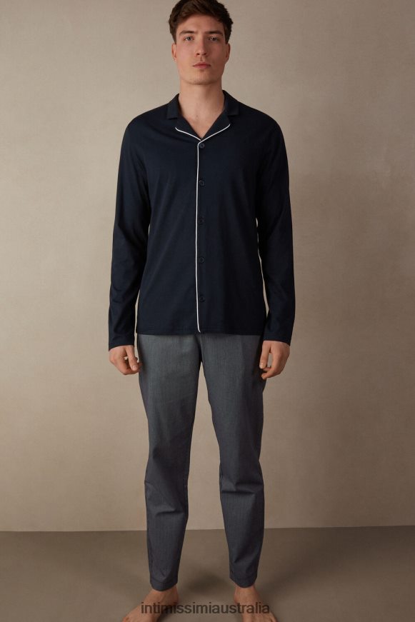 Intimissimi Men 800-Midnight Blue Apparel 0RJT48300 Cotton Ribbed Pique Pattern Open Full-Length Pyjamas