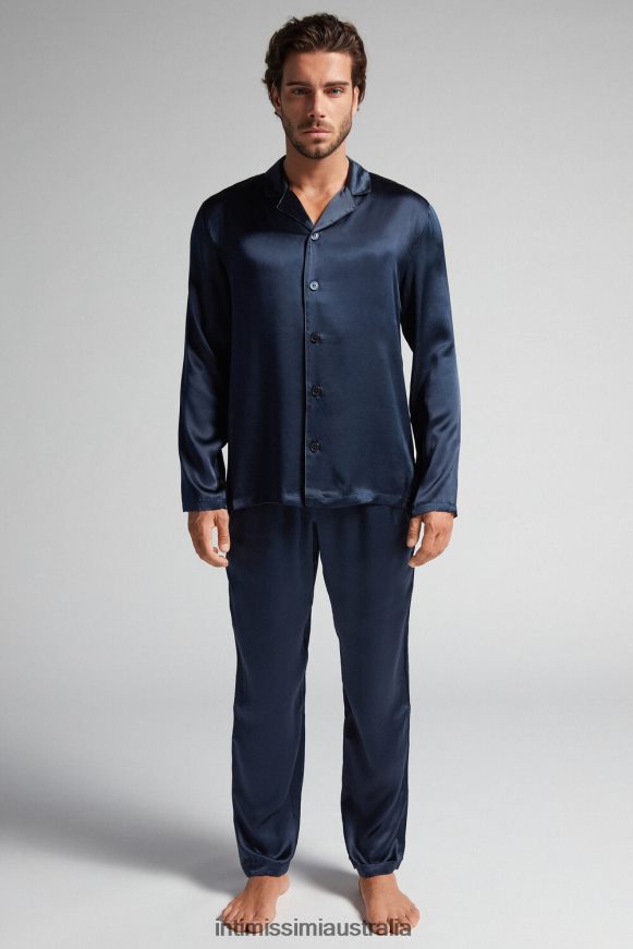 Intimissimi Men 800-Midnight Blue Apparel 0RJT48308 Long Silk Pyjamas With Piping