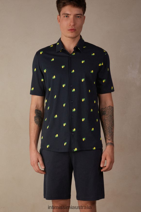 Intimissimi Men 307J-Lemon-Print Midnight Blue Apparel 0RJT48298 Short Cotton Button-Up Pyjamas with Lemon Print