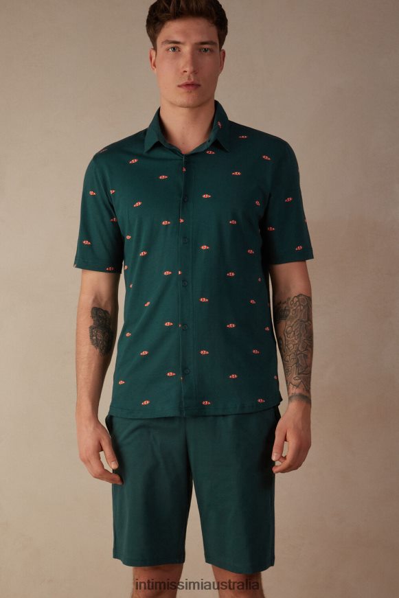 Intimissimi Men 308J-Clownfish-Print Dark Green Apparel 0RJT48297 Short Cotton Button-Up Pyjamas with Clownfish Print