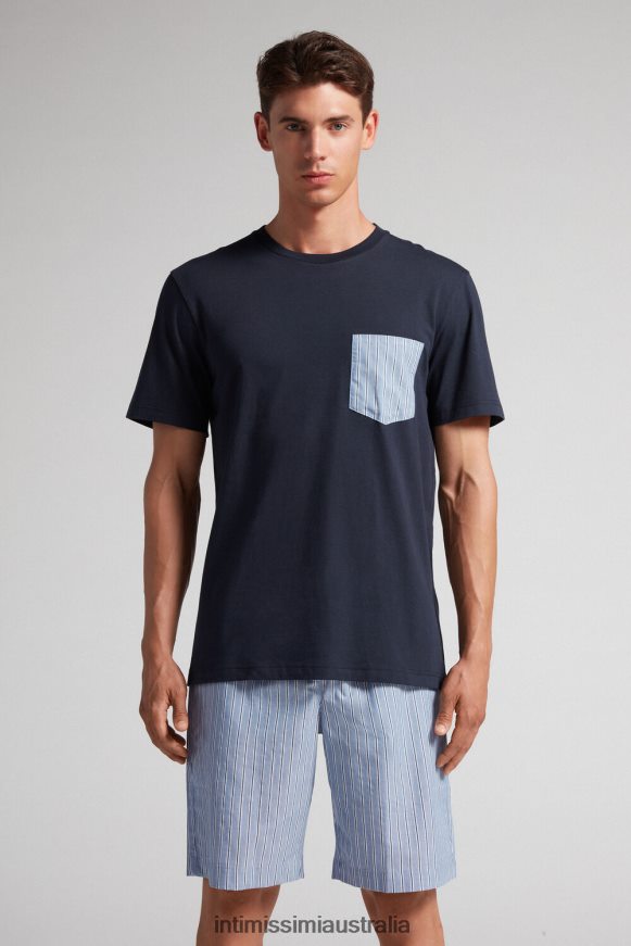 Intimissimi Men 800-Midnight Blue Apparel 0RJT48296 Plain and Striped Cotton Short Pyjamas