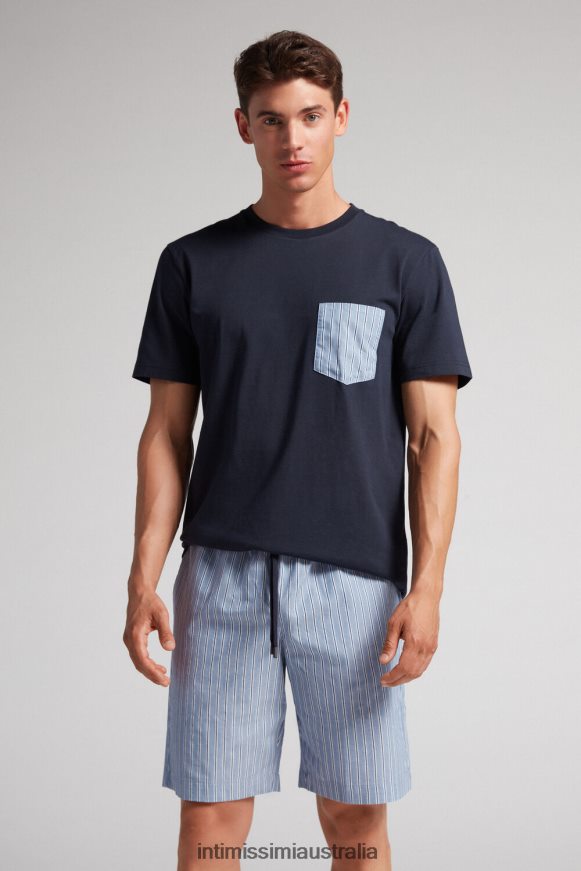Intimissimi Men 800-Midnight Blue Apparel 0RJT48296 Plain and Striped Cotton Short Pyjamas