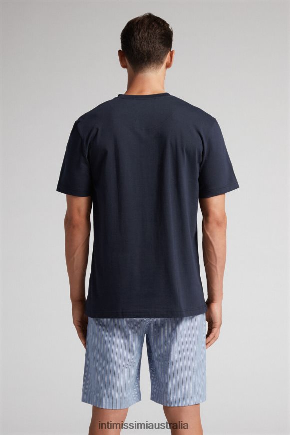 Intimissimi Men 800-Midnight Blue Apparel 0RJT48296 Plain and Striped Cotton Short Pyjamas