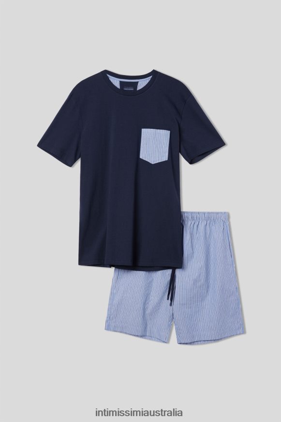 Intimissimi Men 800-Midnight Blue Apparel 0RJT48296 Plain and Striped Cotton Short Pyjamas