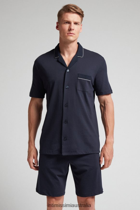Intimissimi Men 800-Midnight Blue Apparel 0RJT48312 Button-Front Cropped Pyjamas in Supima Cotton