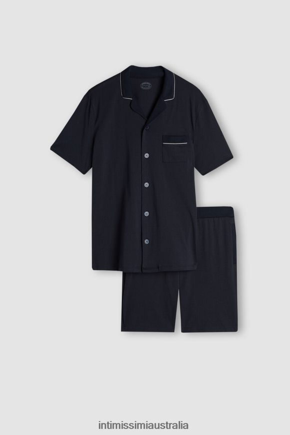 Intimissimi Men 800-Midnight Blue Apparel 0RJT48312 Button-Front Cropped Pyjamas in Supima Cotton