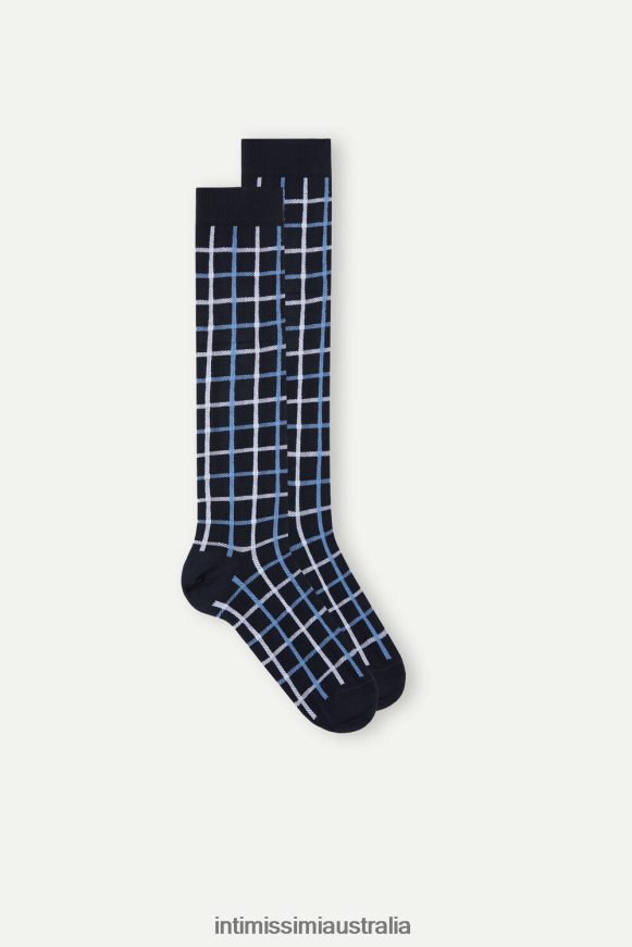 Intimissimi Men 187J-Dark Blue Check Socks 0RJT48333 Long Patterned Cotton Socks