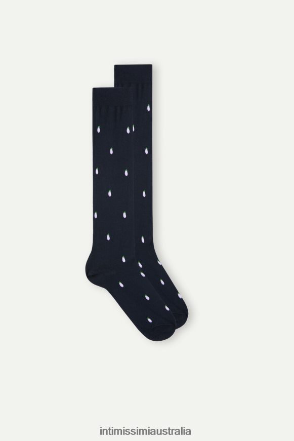 Intimissimi Men 188J-Aubergine-Print Dark Blue Socks 0RJT48331 Long Patterned Cotton Socks