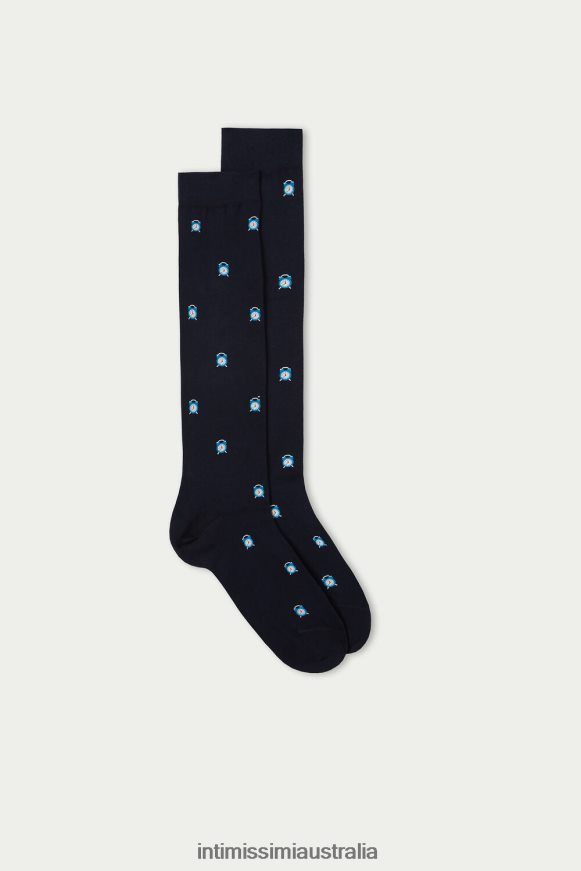Intimissimi Men 191J-Alarm-Clock Print Dark Blue Socks 0RJT48335 Long Patterned Cotton Socks