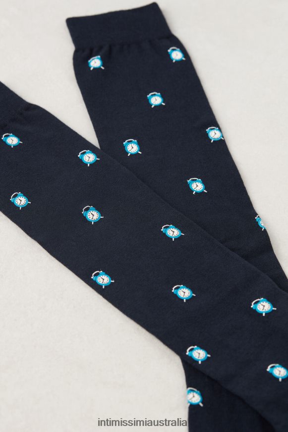 Intimissimi Men 191J-Alarm-Clock Print Dark Blue Socks 0RJT48335 Long Patterned Cotton Socks