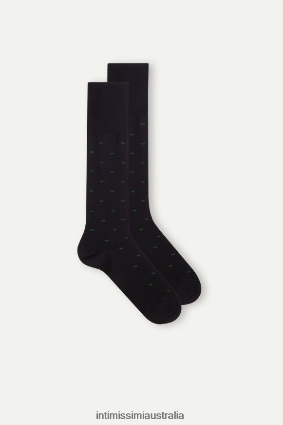 Intimissimi Men 195J-Paper Boat-Print Black Socks 0RJT48321 Long Socks in Patterned Lisle Cotton