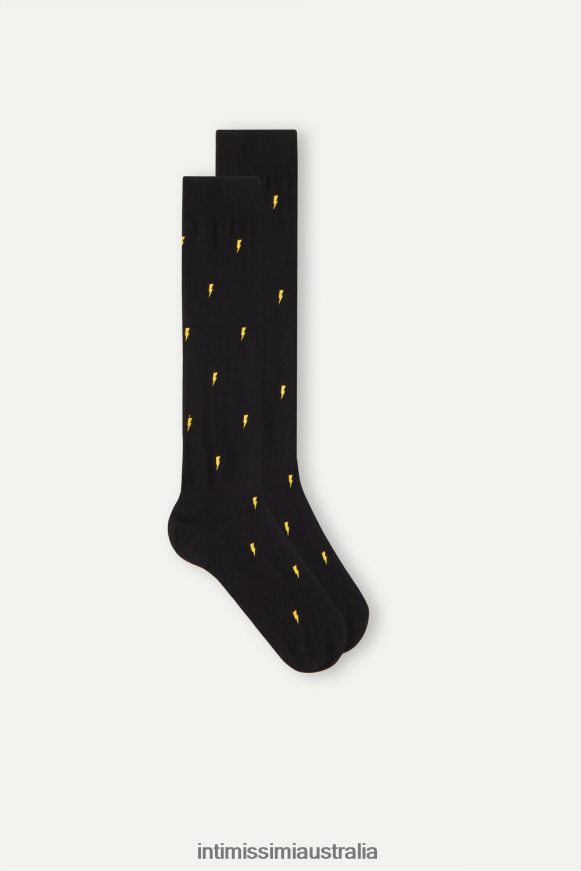 Intimissimi Men 197J-Lightning-Print Black Socks 0RJT48323 Long Patterned Cotton Socks