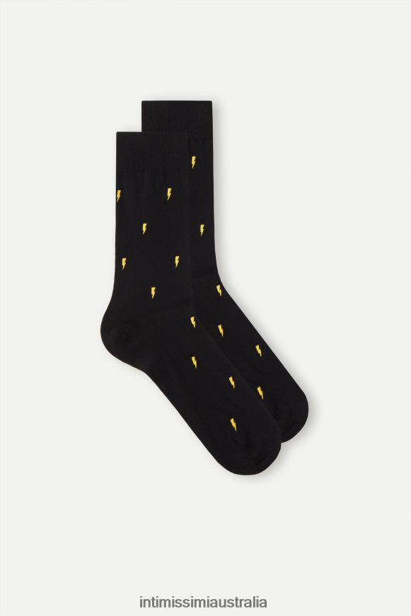 Intimissimi Men 197J-Lightning-Print Black Socks 0RJT48324 Short Patterned Cotton Socks