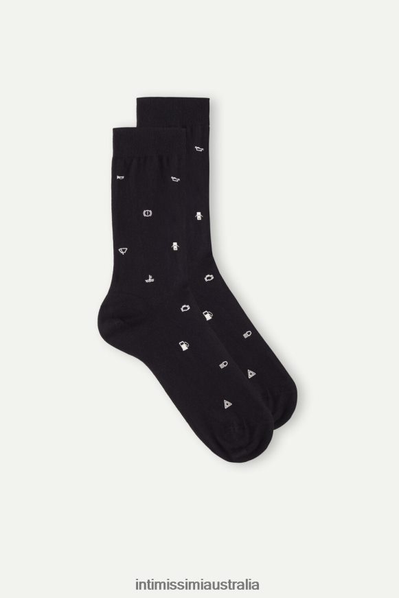Intimissimi Men 200J-Car Warning Light Print Black Socks 0RJT48325 Short Patterned Cotton Socks