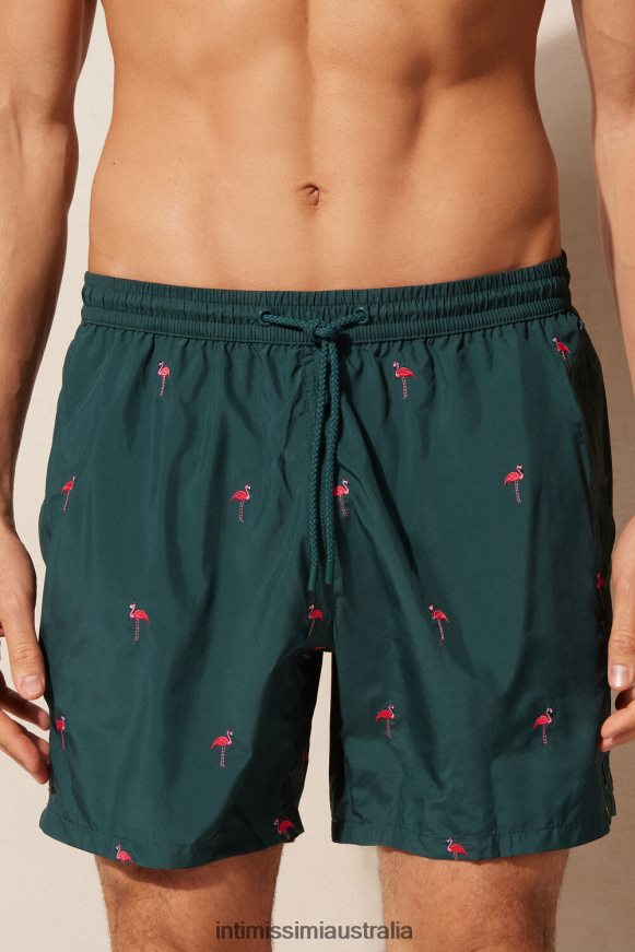Intimissimi Men 254J-Flamingo Embroidery Dark Green Apparel 0RJT48432 Flamingo-Embroidered Swim Shorts