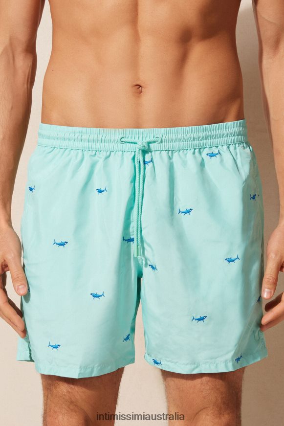 Intimissimi Men 256J-Shark Embroidery Aqua Green Apparel 0RJT48411 Shark-Embroidered Swim Shorts