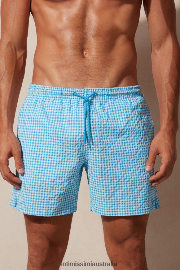 Intimissimi Men 277J-Malibu White/Blue Apparel 0RJT48403 Gingham Seersucker Swim Shorts