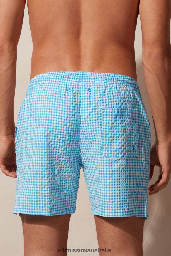 Intimissimi Men 277J-Malibu White/Blue Apparel 0RJT48403 Gingham Seersucker Swim Shorts