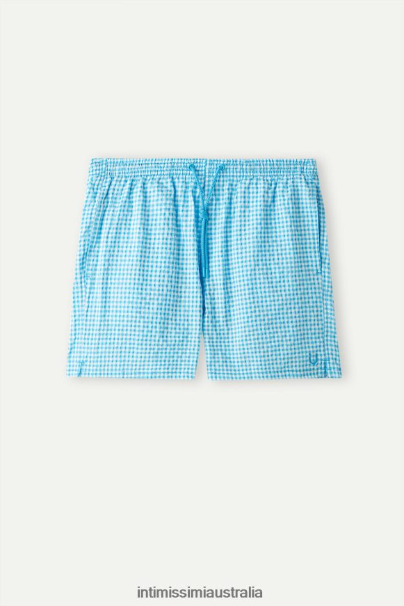 Intimissimi Men 277J-Malibu White/Blue Apparel 0RJT48403 Gingham Seersucker Swim Shorts