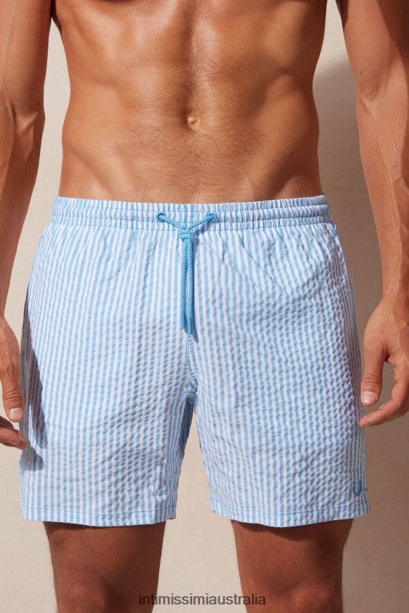 Intimissimi Men 279J-Bianco/Azzurro Apparel 0RJT48439 Striped Seersucker Swim Shorts