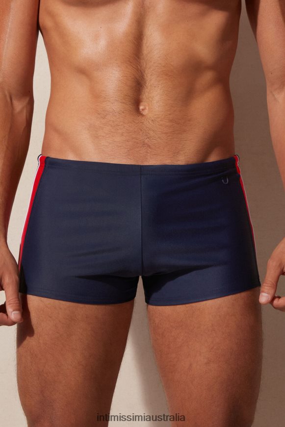 Intimissimi Men 287J-Deep Blue/Red Apparel 0RJT48436 Square-Cut Swim Shorts with Side Bands