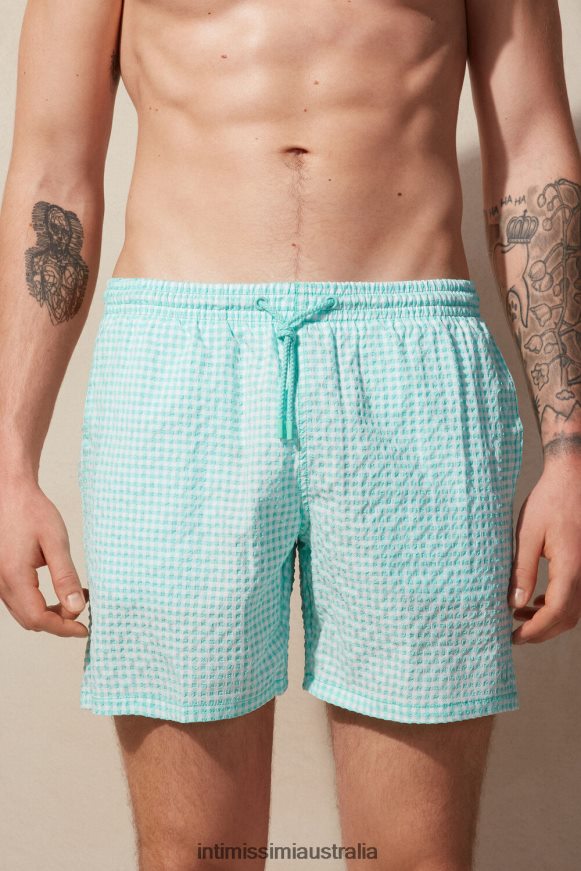 Intimissimi Men 938I-White/Light Aqua Green Apparel 0RJT48418 Gingham Seersucker Swim Shorts