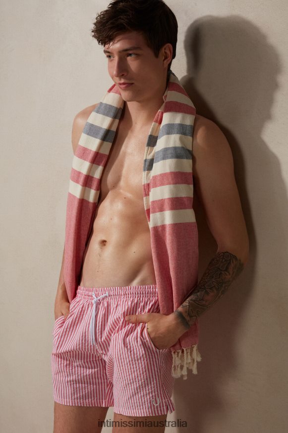 Intimissimi Men 939I-White/Red Apparel 0RJT48448 Striped Seersucker Swim Shorts