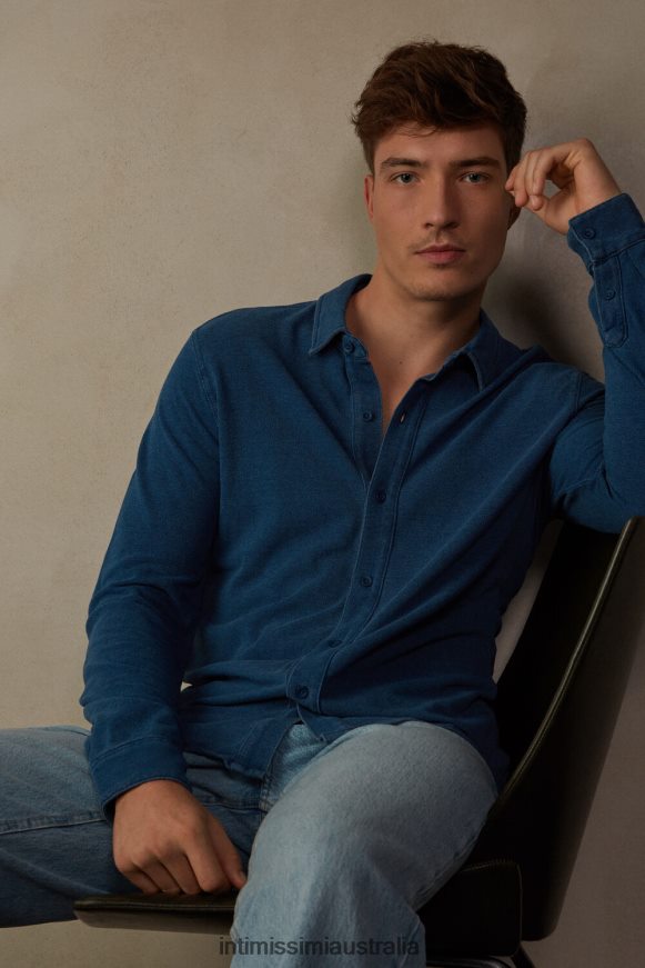 Intimissimi Men 041J-Denim Blue Melange Apparel 0RJT48206 Washed Collection Cotton Pique Shirt