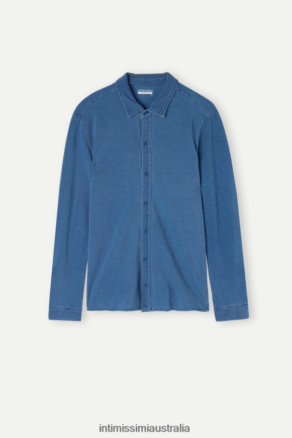 Intimissimi Men 041J-Denim Blue Melange Apparel 0RJT48206 Washed Collection Cotton Pique Shirt