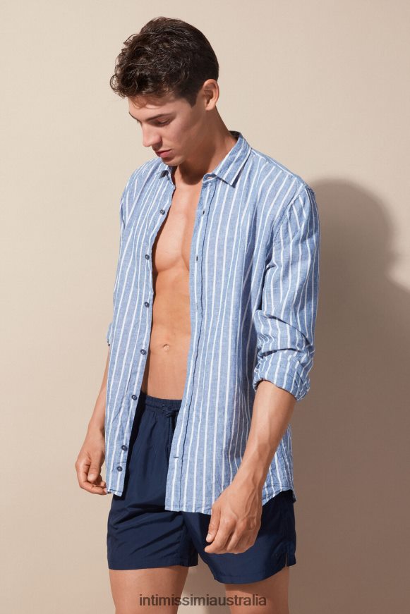 Intimissimi Men 292J-Denim Blue/White Linen Stripes Apparel 0RJT48154 Blue Denim Striped Linen and Cotton Shirt