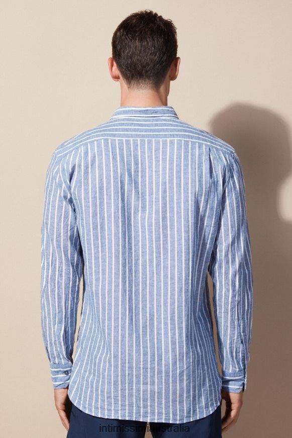 Intimissimi Men 292J-Denim Blue/White Linen Stripes Apparel 0RJT48154 Blue Denim Striped Linen and Cotton Shirt