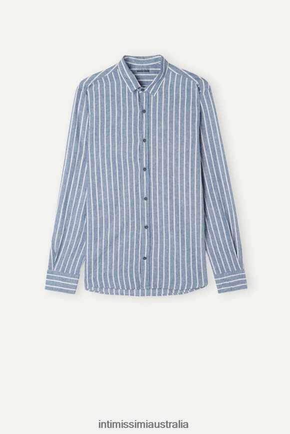 Intimissimi Men 292J-Denim Blue/White Linen Stripes Apparel 0RJT48154 Blue Denim Striped Linen and Cotton Shirt