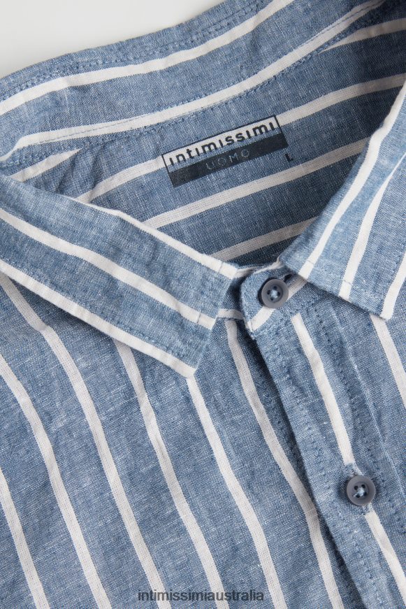 Intimissimi Men 292J-Denim Blue/White Linen Stripes Apparel 0RJT48154 Blue Denim Striped Linen and Cotton Shirt