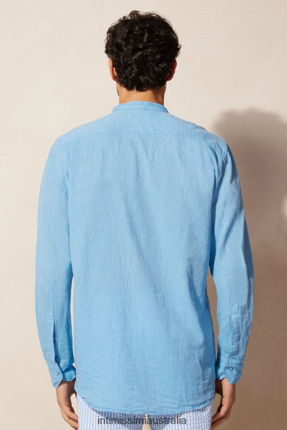 Intimissimi Men 296J-Bright Blue Apparel 0RJT48169 Linen and Cotton Mandarin-Collar Shirt