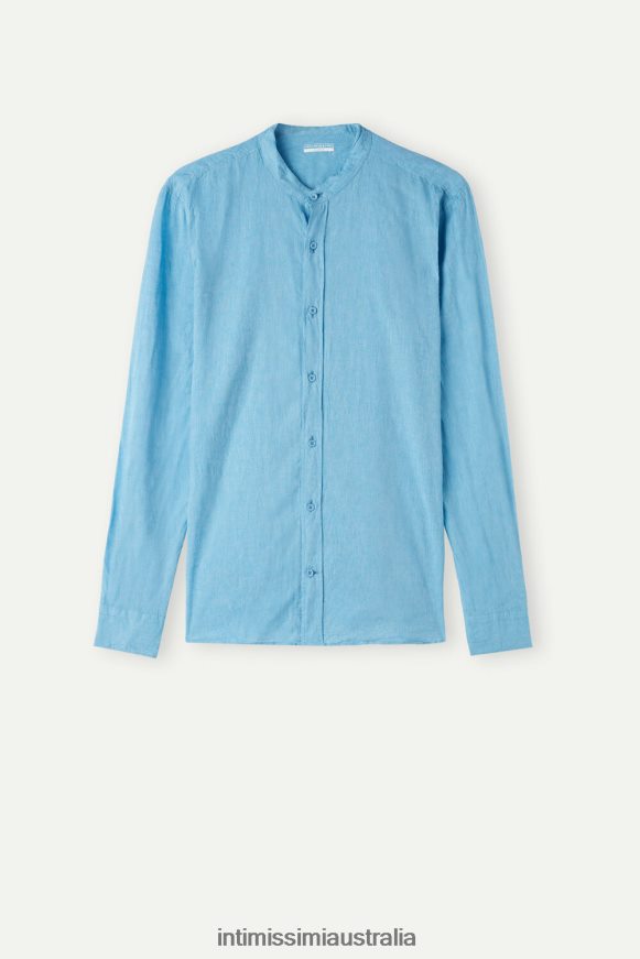 Intimissimi Men 296J-Bright Blue Apparel 0RJT48169 Linen and Cotton Mandarin-Collar Shirt