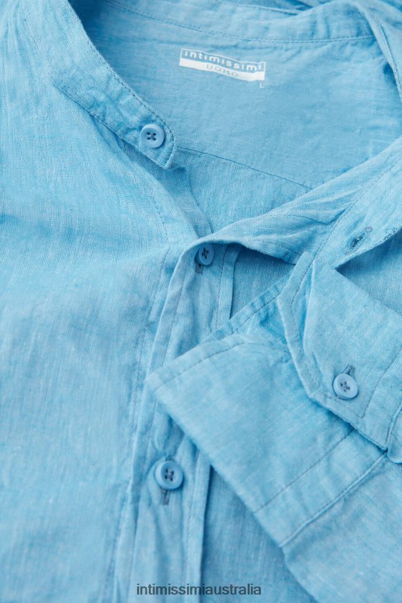 Intimissimi Men 296J-Bright Blue Apparel 0RJT48169 Linen and Cotton Mandarin-Collar Shirt