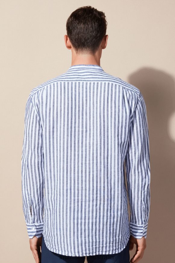 Intimissimi Men 297J-White Blue Stripes Apparel 0RJT48155 Striped Linen and Cotton Mandarin-Collar Shirt